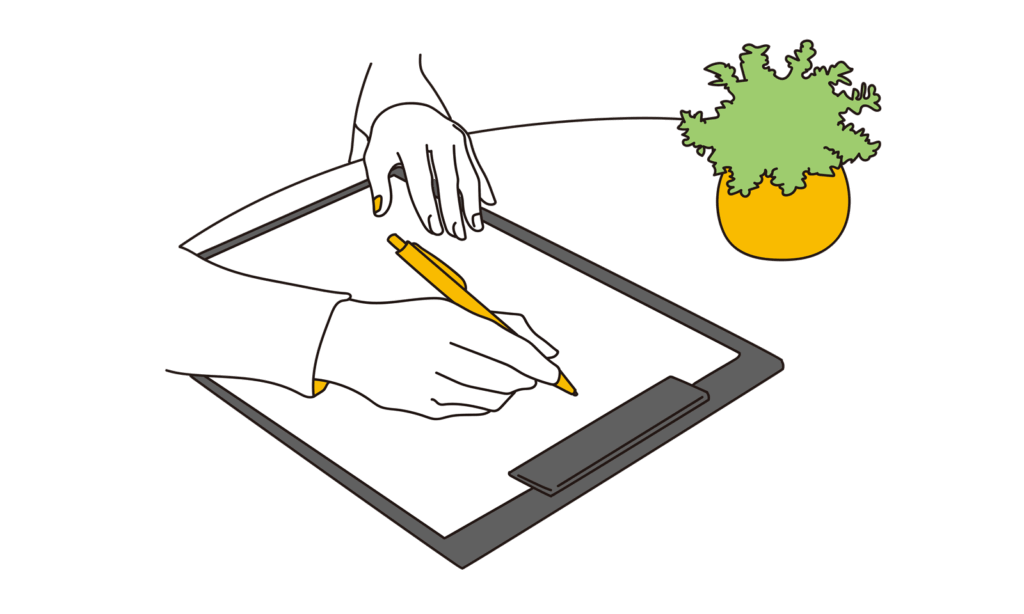 クリップボードにペンで書類を記入する手のイラスト。日々の煩雑な労務手続き業務を代行する様子を表現。