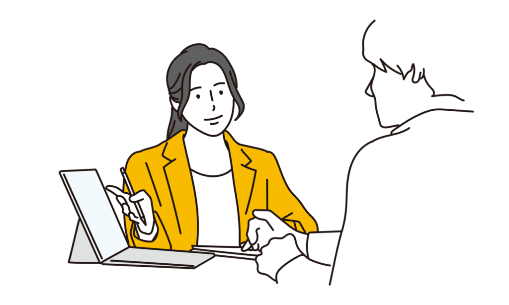 笑顔の女性コンサルタントが、クライアントとタブレットを囲んで対話しているイラスト。企業の未来のためのコンサルティングを親身に行う様子を表現。