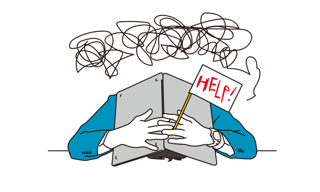 机に突っ伏して頭を抱え、書類に埋もれるビジネスパーソンのイラスト。「HELP!」と書かれた旗を掲げ、離職率の高さや賃金問題に苦しんでいる様子を表現。