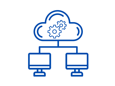 クラウドシステム導入支援のアイコン。クラウドと歯車、PCが描かれており、業務効率化のためのシステム導入と社内連携をサポートすることを表現している。