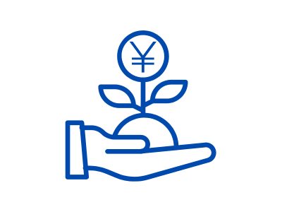 助成金申請代行のアイコン。手が円マーク(¥)のついた芽を支えており、資金獲得と企業の成長をサポートすることを表現している。