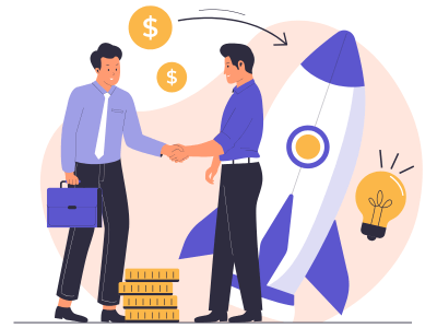 資金獲得のアイコン。握手をする二人のビジネスマン、ロケット、電球が描かれており、助成金などの資金調達が企業の成長(ロケット)と新規アイデアの実現(電球)につながることを表現している。