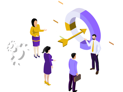 本質的な経営資源集中を意味するアイコン。複数の人物が、矢印のついた大きな業務改善サイクルと向き合っており、労務コンサルティングを通じて業務プロセスを整備・改善し、経営資源をコア業務に集中させる様子を表現している。