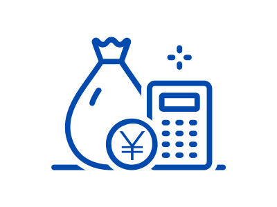 奨 給与計算代行のアイコン。計算機と、お金の入った袋が描かれており、正確な給与計算事務を代行し、企業のコストと時間を削減することを表現している。