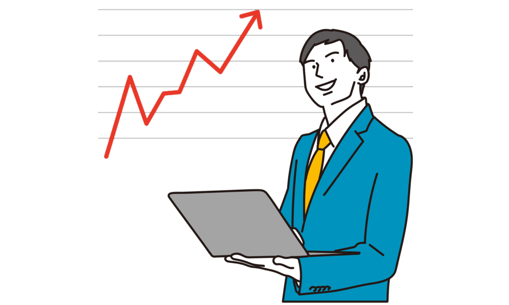 企業の成長をサポートする労務コンサルティングのイメージイラスト。ビジネスパーソンがパソコンを持ち、背景の右肩上がりグラフは成果と解決を象徴している。