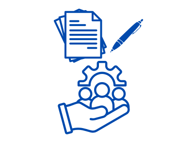 労務管理手続き代行のアイコン。書類とペン、歯車と従業員を抱える手が描かれており、事務手続きと組織運営のサポートを表現している。