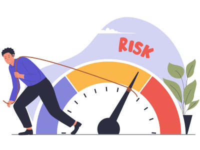 労務トラブルリスク低減のアイコン。人がロープで「RISK」メーターの針を引き下げており、労務管理を通じてリスクを積極的にコントロールし、トラブルを未然に防ぐ様子を表現している。