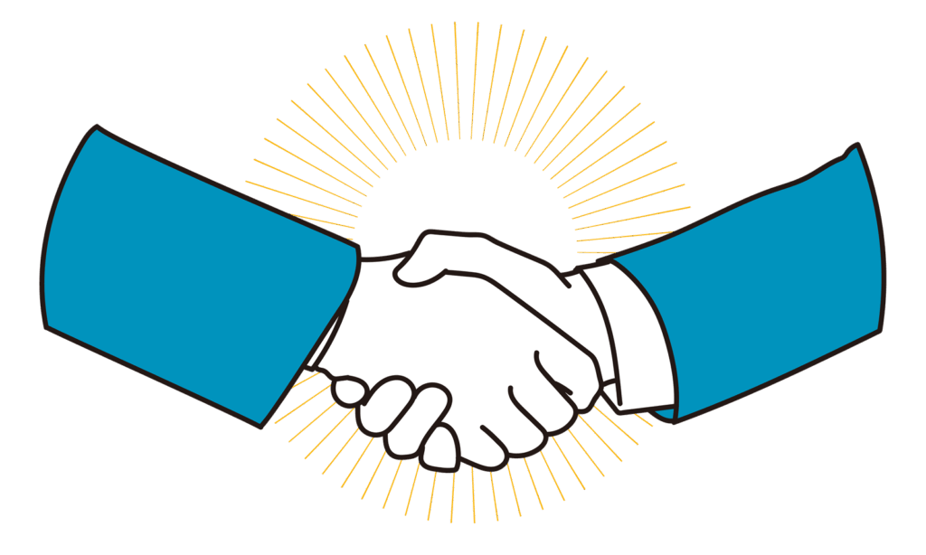 新しい顧問社労士との契約締結を表すイラスト。二人の男性が握手し、今後の企業成長と安心感を象徴しています。