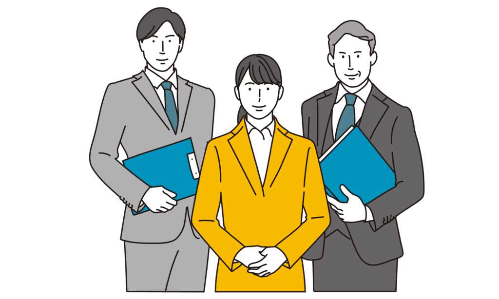 顧問社労士切り替えページにおける、Afro8の専門性と信頼性を象徴するイラスト。男女3名の専門家が自信をもって立ち、チームでサポートする体制を表している。