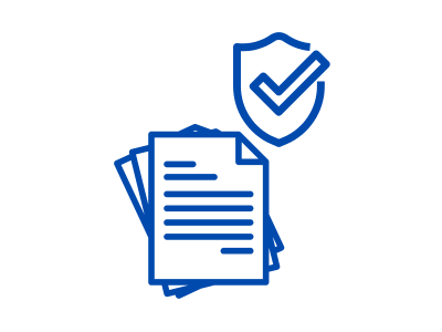 奨 就業規則作成・改定のアイコン。書類とチェックマークのついた盾が描かれており、会社のリスクを防ぎ、法令を遵守した規則を作成することを表現している。